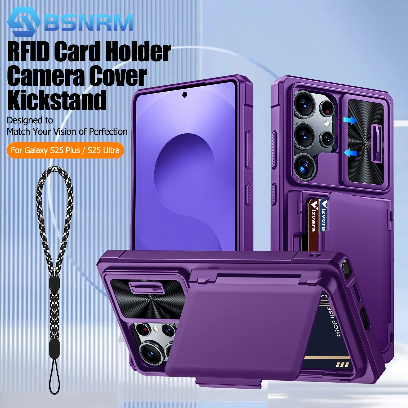 

Для Galaxy S25 Ultra Защитный чехол для телефона, кошелек RFID-карты, чехол для камеры, прочный противоударный силиконовый фиолетовый чехол на весь корпус
