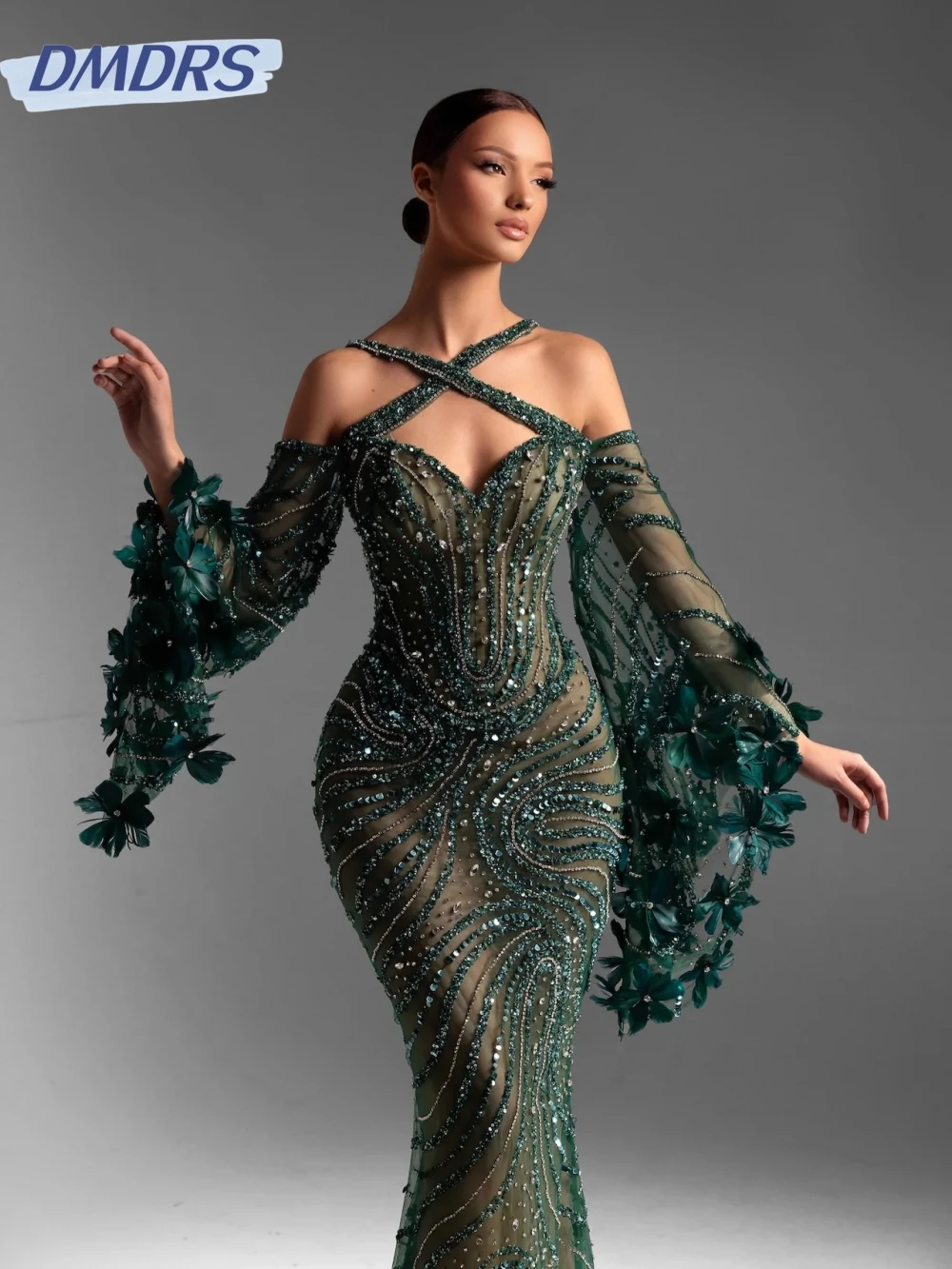 Dazzling Green Beaded Mermaid Evening Dress For Women Illusion Off Shoulder Wedding Party Gown Customized Graceful Prom Dresses