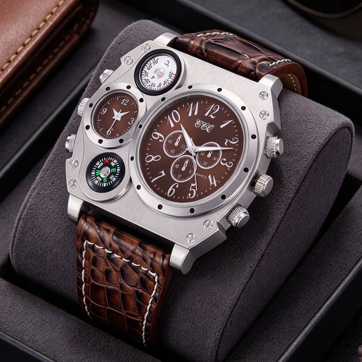 Vintage Large Dial Dual Time Zone Business Casual Men's Watch, Unique Crocodile Texture Quartz Wristwatch