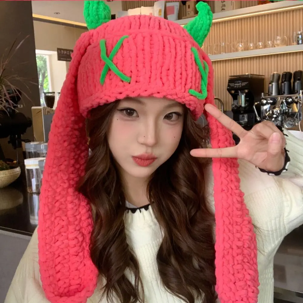 Elastic Knit Women's Warm Knitted Hat Thickened Protection From Cold Little Devil Long Ears Cap Soft Warm Pullover Hat For Women