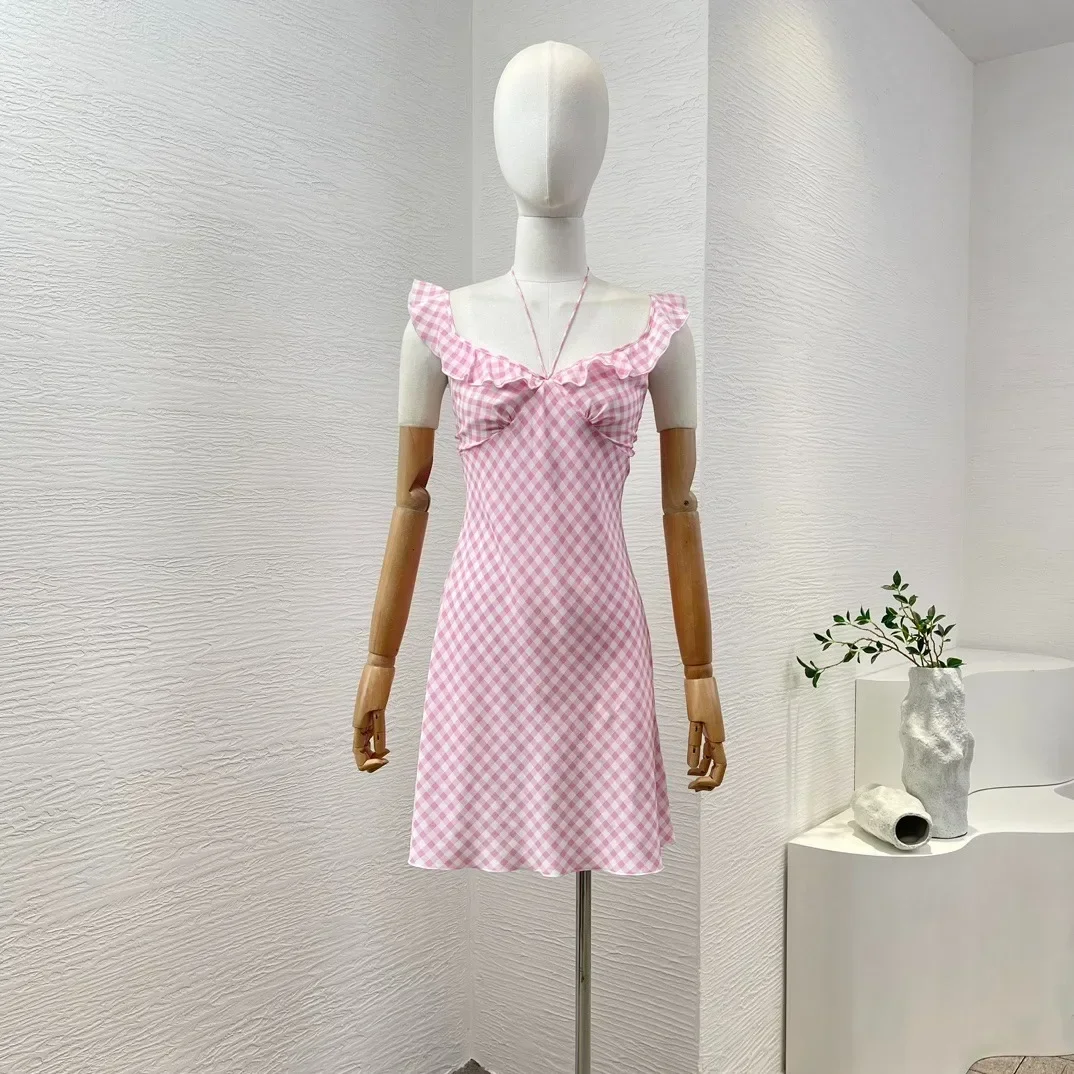 

Pink Khaki White Plaid Print Mini Dress Sleeveless Halter Flouncing Ruffle Collar Backless Silk 2024 New High Quality for Women