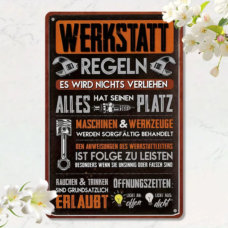 1pc 2D Flat Werkstatt Regeln German Tin Sign Retro Workshop Rules Metal Wall Decor for Garage Repair Shop Man Cave