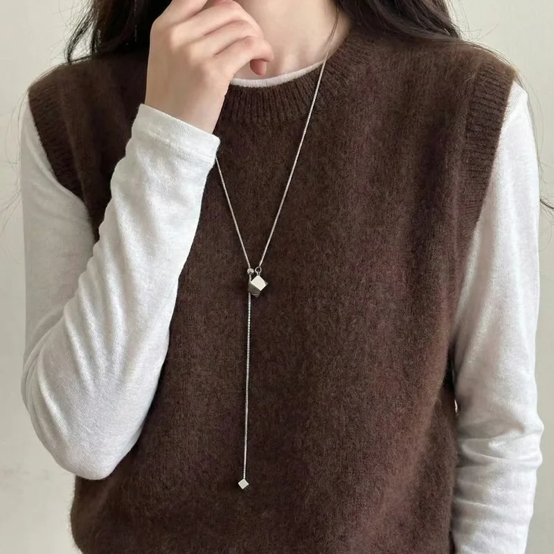 Silver Cube Pendant Necklace Adjustable Drawstring Long Sweater Chain Versatile Clothing Accessory Premium for Women Daily Party