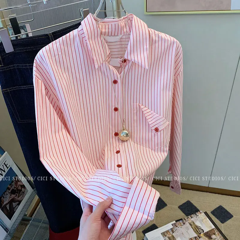 Casual Ladies New Office Lady Shirts Turn-down Collar 2024 Women\'s Clothing Spring Autumn Striped Tops Business Casual Blouses