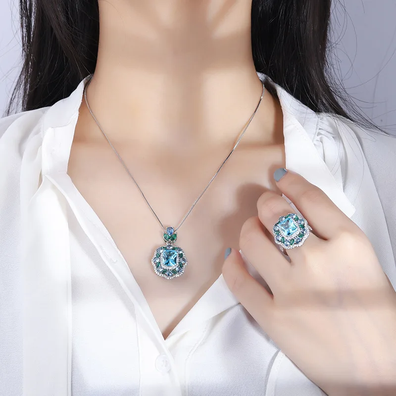 مجوهرات مطلية بالذهب توباز بدلة زرقاء عتيقة نمط إبداعي كامل الماس فاخر مطعمة الحجر الرئيسي 8*12 #4