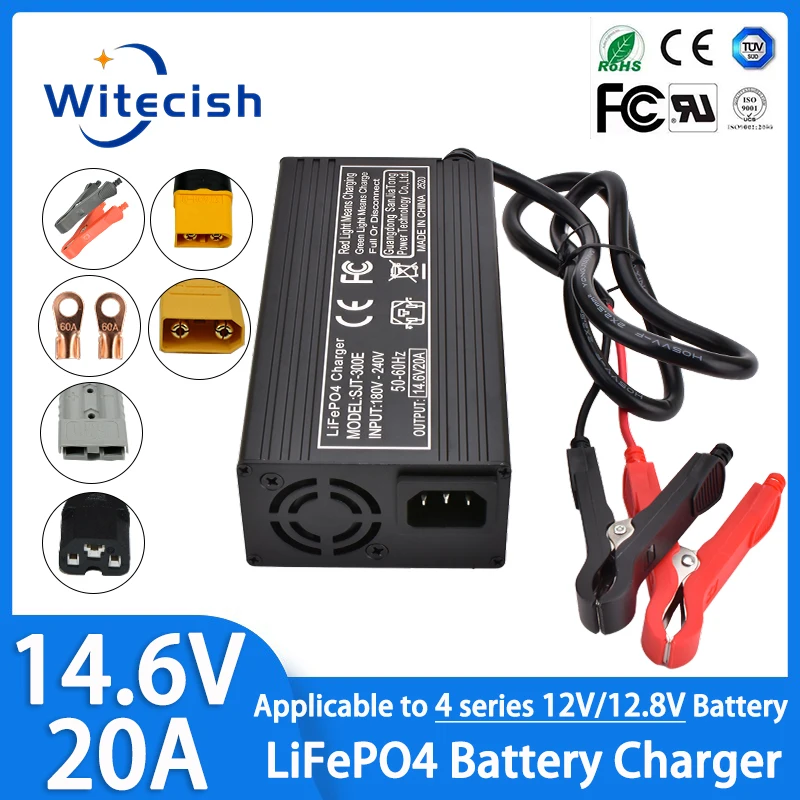 4S 12V 12.8V 20A Smart Battery Charger for Lifepo4 14.6V 20A Fast Charger For LIFEPO4 Battery Pack with clip/XT60/XT90 Plug