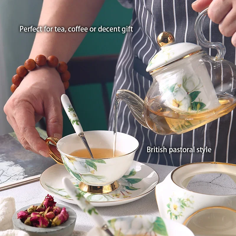 Camellia Bone China Tea Set British Ceramic Cup Pot with Candler Strainer Floral Glass Teapot Ceremony Teaware Teacup