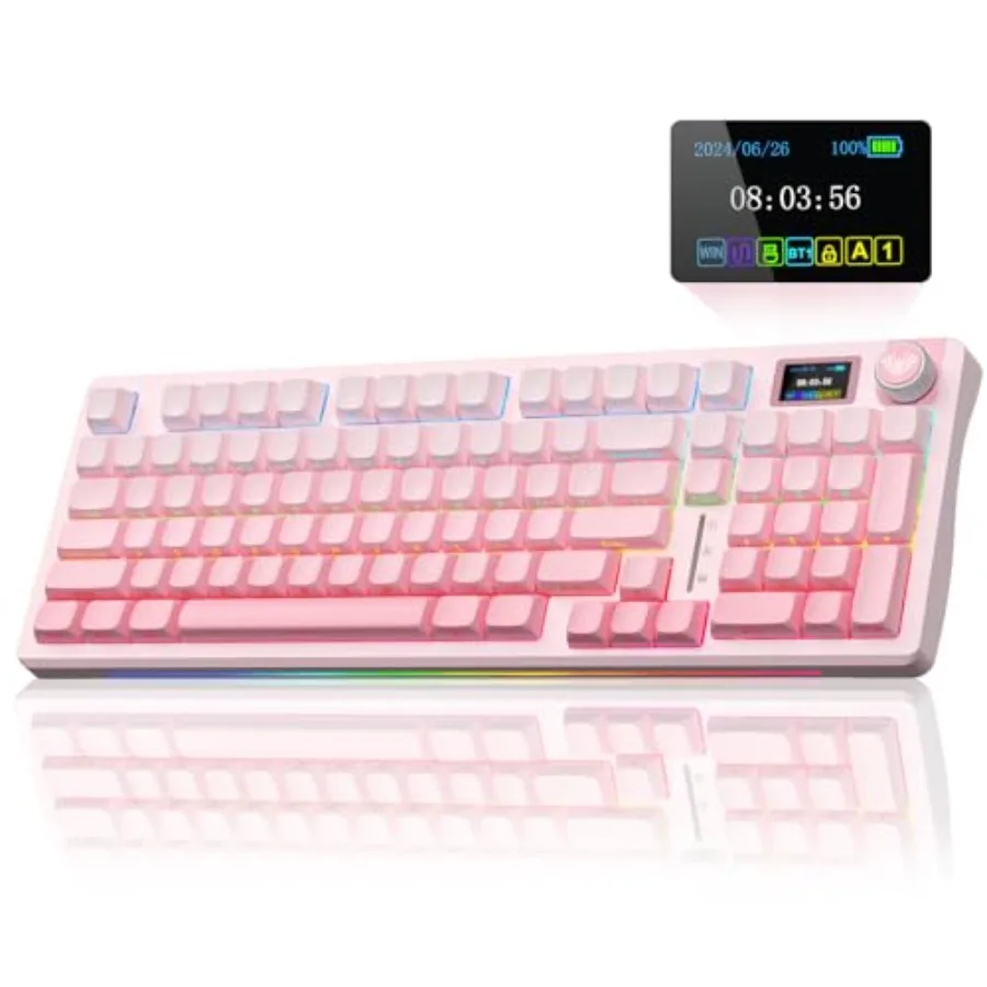 Gaming wireless mechanical keyboard with OLED screen knob pink creamy PBT keycaps pre-lubed linear switches RGB backlit 2.4GHz/