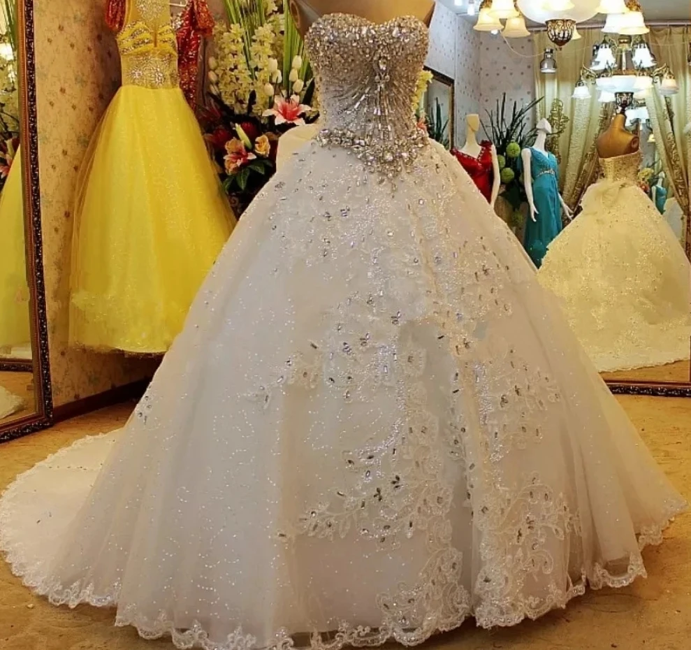 Luxury bridal dress Sweetheart Big Train Crystal beaded lace tulle Muslim wedding dress свадебное платье