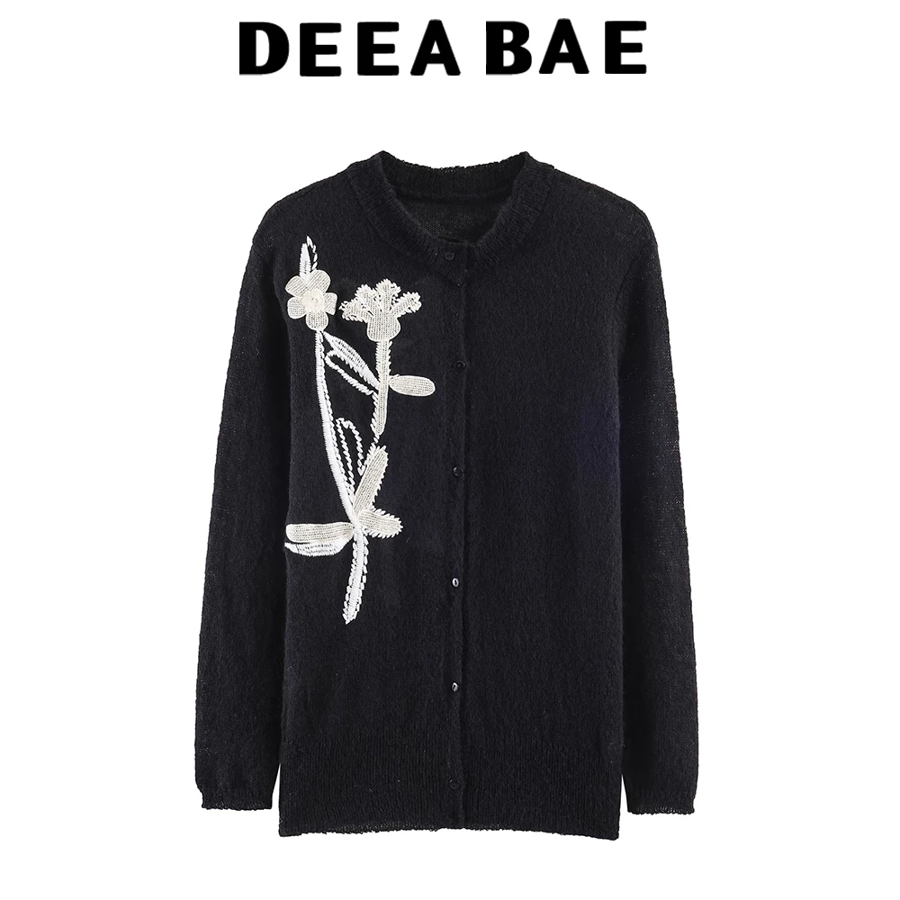 

DEEABAE Flower embroidery round neck long sleeved contrasting short knitted jacket for spring women's cardigan