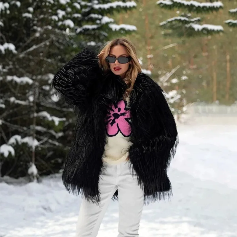 Women Luxury Shaggy Faux Fur Long Sleeve Open Front Coat Elegant Fluffy Tassel Outerwear Winter Warm Furry Jacket
