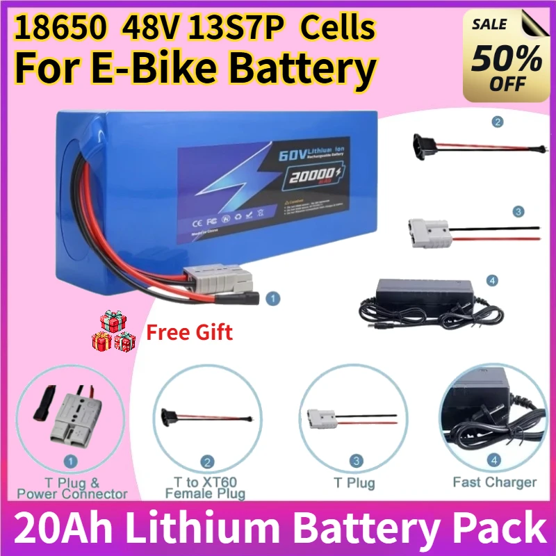 18650 Lithium Battery Pack 48V 13S7P 20Ah for Electric Bicycle Electric Skateboard Electric Motorcycle Rechargeable Batteries