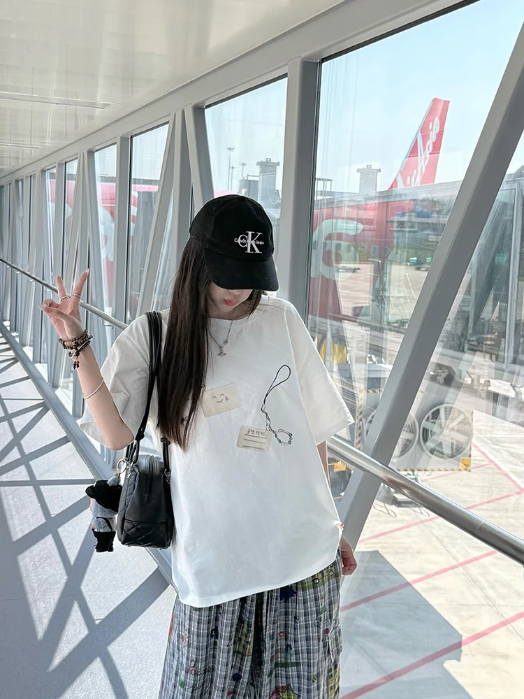 

Оригинальная женская футболка Cuitcuit из чистого хлопка с принтом, круглым вырезом и короткими рукавами, свободного кроя, летняя, новая модель, топ для похудения