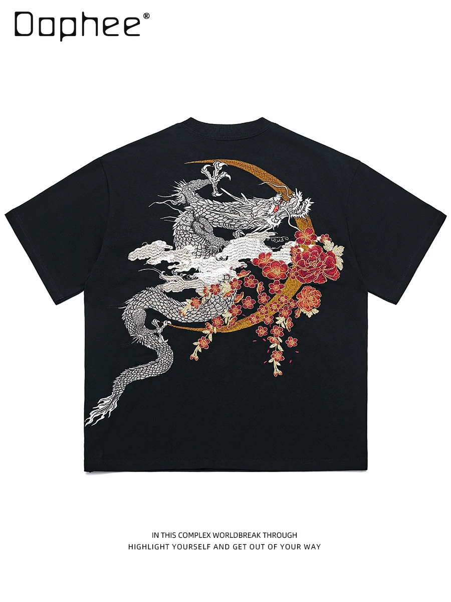 

Yokosuka Dragon Embroidery T-shirt Men and Women Round Neck Short-sleeved Loose Tees Cotton Tops Street Summer Black