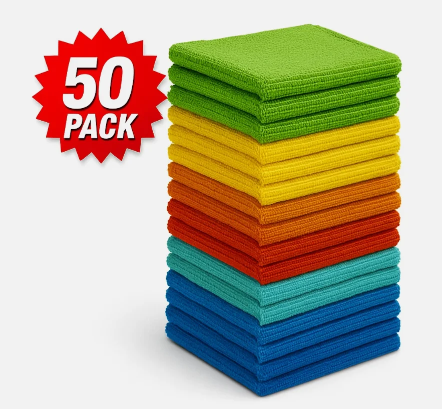 

30*30CM Microfiber Cleaning Cloth Set of 50 Towel Rag Detailing No-Scratch Kitchen Ten Each of Green Orange Red Blue, Dark Blue