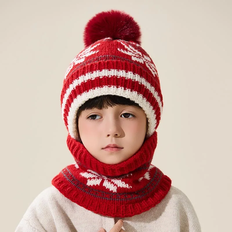 Winter Fair Isle Design Beanie Hat Scarf Set for Kids Boys Girls Snowflake Beanie with Pom Pom Neck Warmer 2 in 1 set