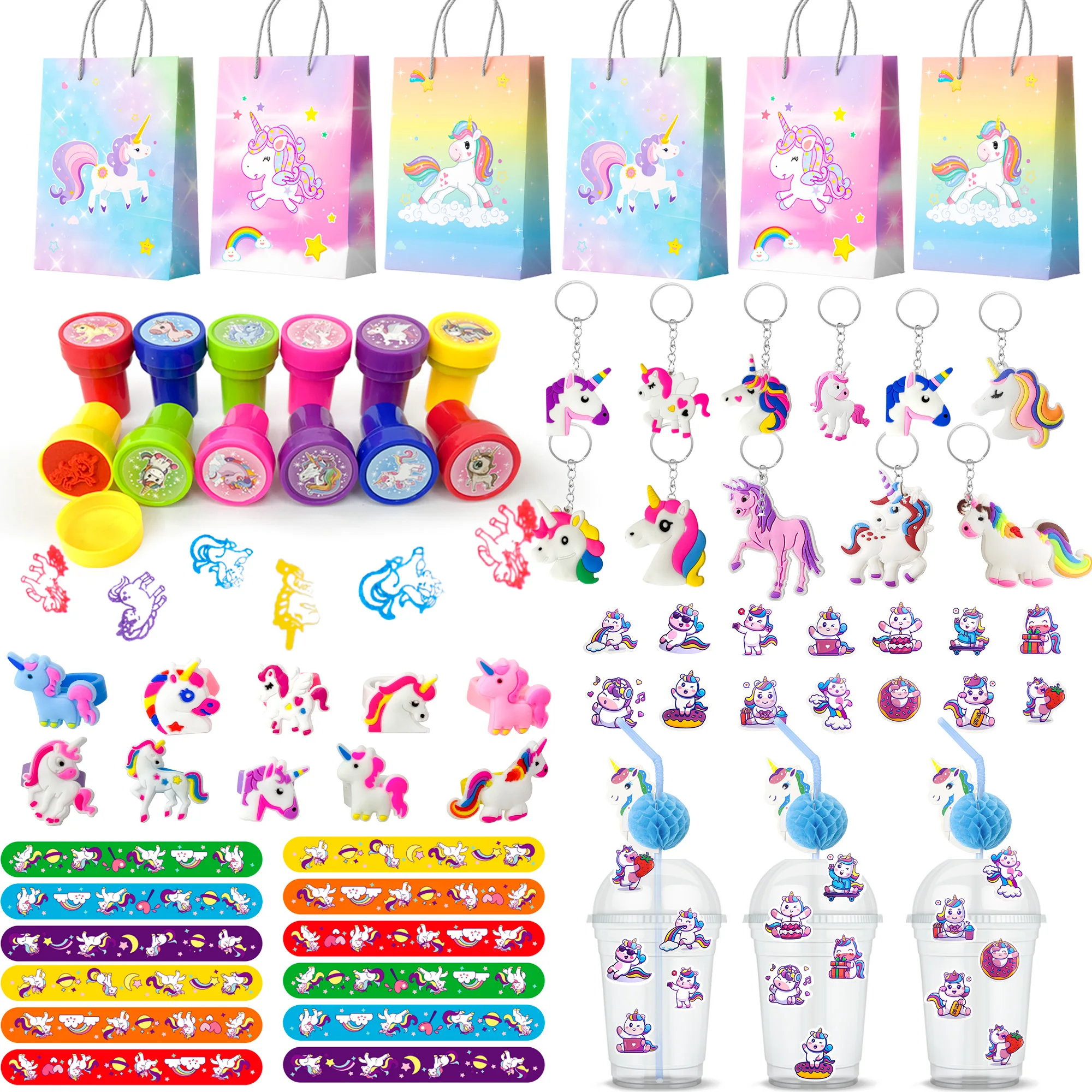 

Unicorn Party Favors for Girls,134pcs Party Favors Set-Unicorn Goodie Bags Slap Bracelet Stickers Keychain Stampers Rings etc