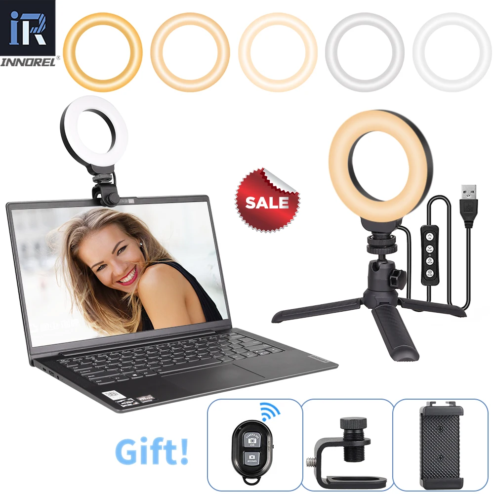 10cm Ring Light -INNOREL 5 Modes Dimmable Fill Light with Mini Tripod and Clip for Makeup and Live Streaming,Video Conference