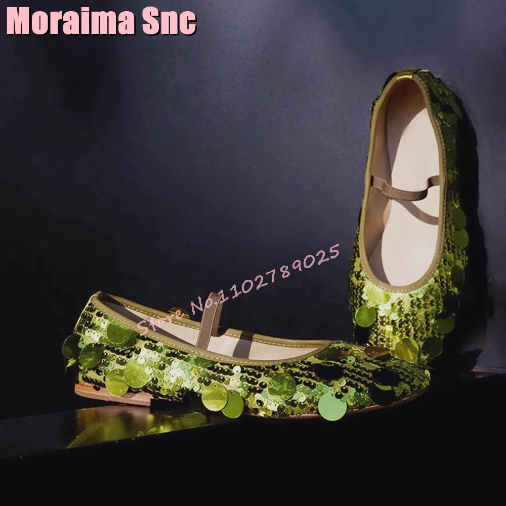 Sequined Bling Round Toe Ballet Shoes Flat With Ankle Strap Fashion Elegant Slip On Women‘s Shoes 2024 Spring Summer Green Solid