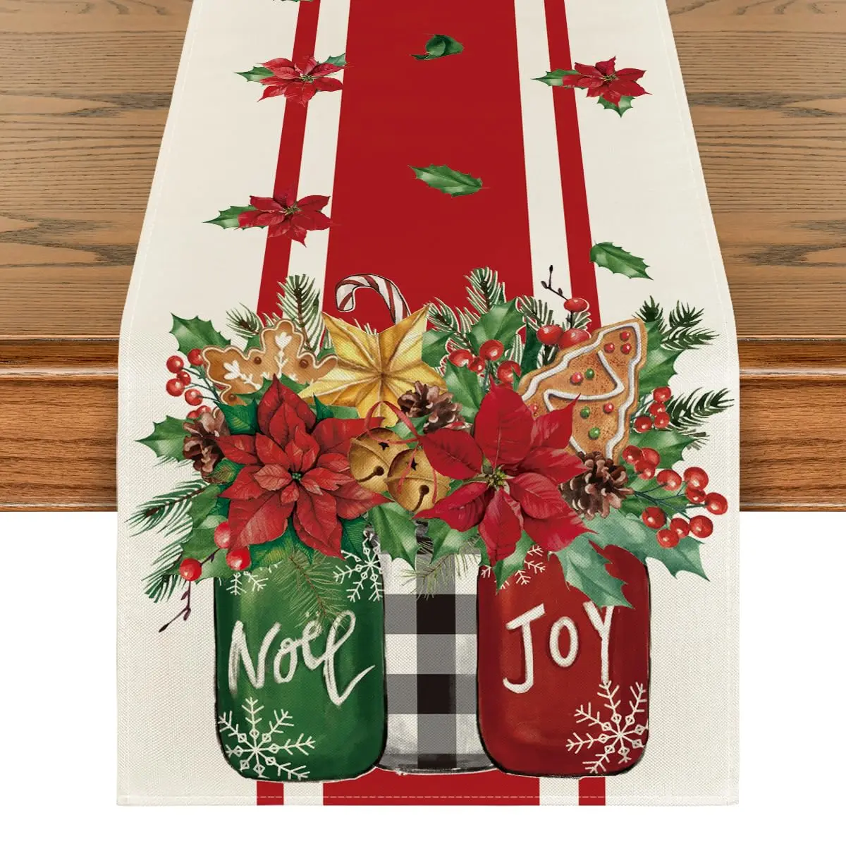 

Noel Joy Vase Poinsettia Christmas Table Runner,Gingerbread Winter Holiday Kitchen Dining Table Decoration for Home Party Decor