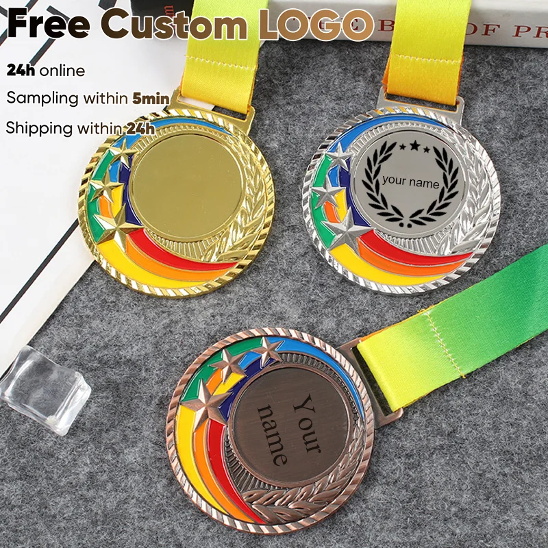 Free Customization LOGO Medals Colour Medal with Color Ribbon Gold Silver Copper Color Medal With Stars School Sports Metal