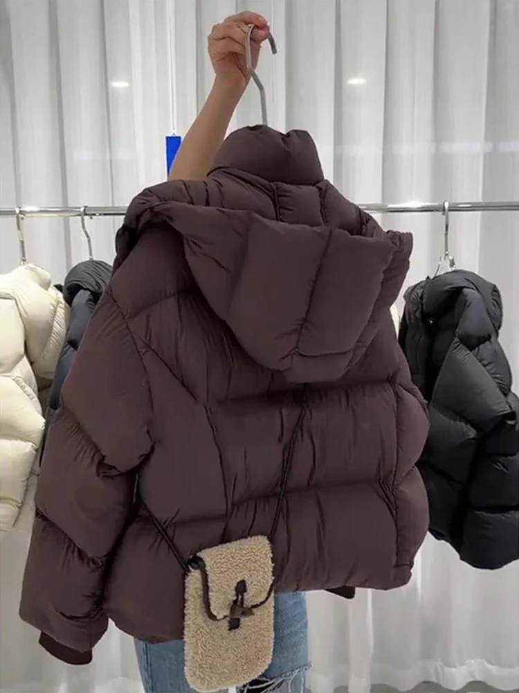 Women Brown Jacket Parkas Warm Thicken Long Sleeve Padded Coat Fashion Turtleneck Overcoat Streetwear 2000s Clothes Winter