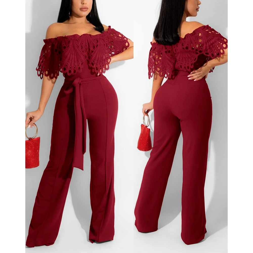 Women Off Shoulder Hollow Out Short Sleeve Summer Jumpsuits Lady Tied Detail Wide Leg Party One Piece Evening Jumpsuit Clothing