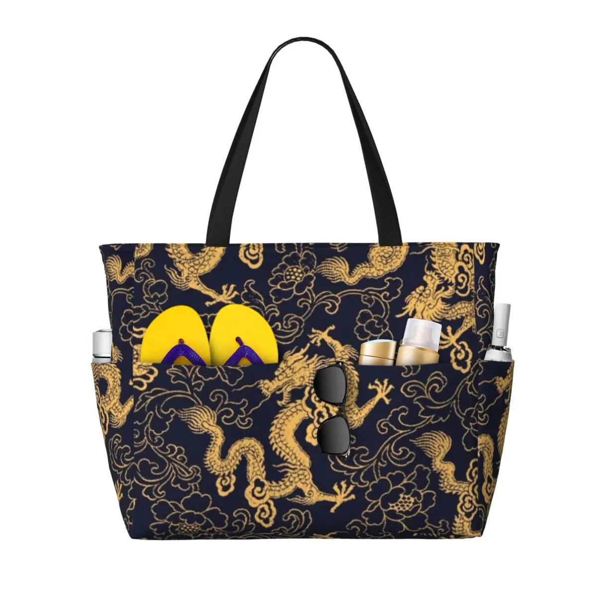 

Китайская традиционная пляжная сумка с золотым драконом, спортивная сумка для занятий йогой, большая большая сумка, женская дорожная сумка, сумка для фитнеса