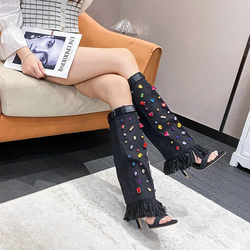 Women Boots New Belt Buckle High Barrel Boots Thin High Heel Cool Colorful Diamond Denim Fashion Boots