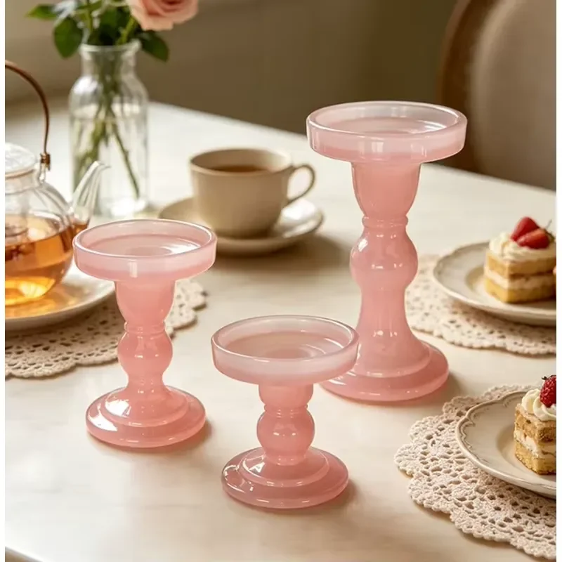 Elegant French Glass Candlestick Holder Romantic Pink Luxury Home Decor Vintage Style Centerpiece for Wedding Party Table