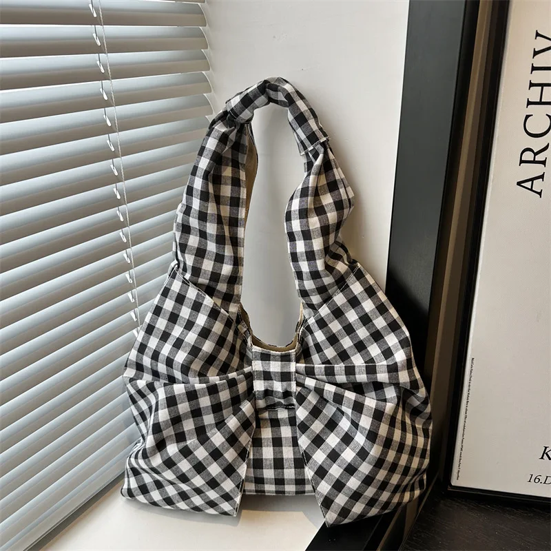 Hanfeng Retro Karierte Weste Rucksack Große Kapazität Einzelschultertasche Leichte Einkaufstasche Vielseitige Leinentasche – Detail 5