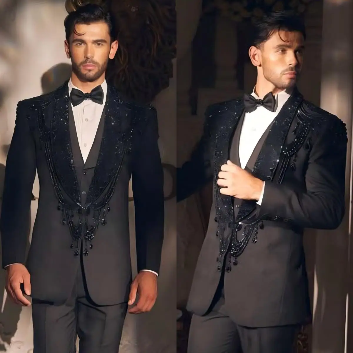 Hand Luxury Men Formal Suits Shawl Lapel Crystal Rhinestones Groom Wedding Wear 2 Piece Slim Fit Prom Wear Customized