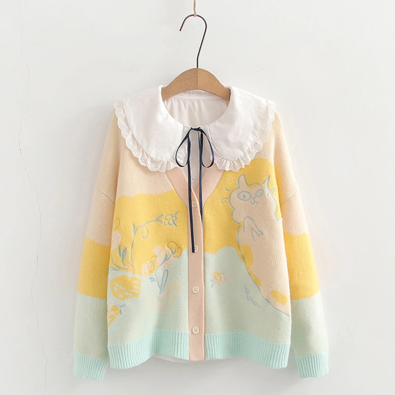 A Loose Knitted Cardigan For Women's Clothing Autumn Outfit Exudes Cartoon Jacquard Single Breasted Female Kawaii Sweater U123
