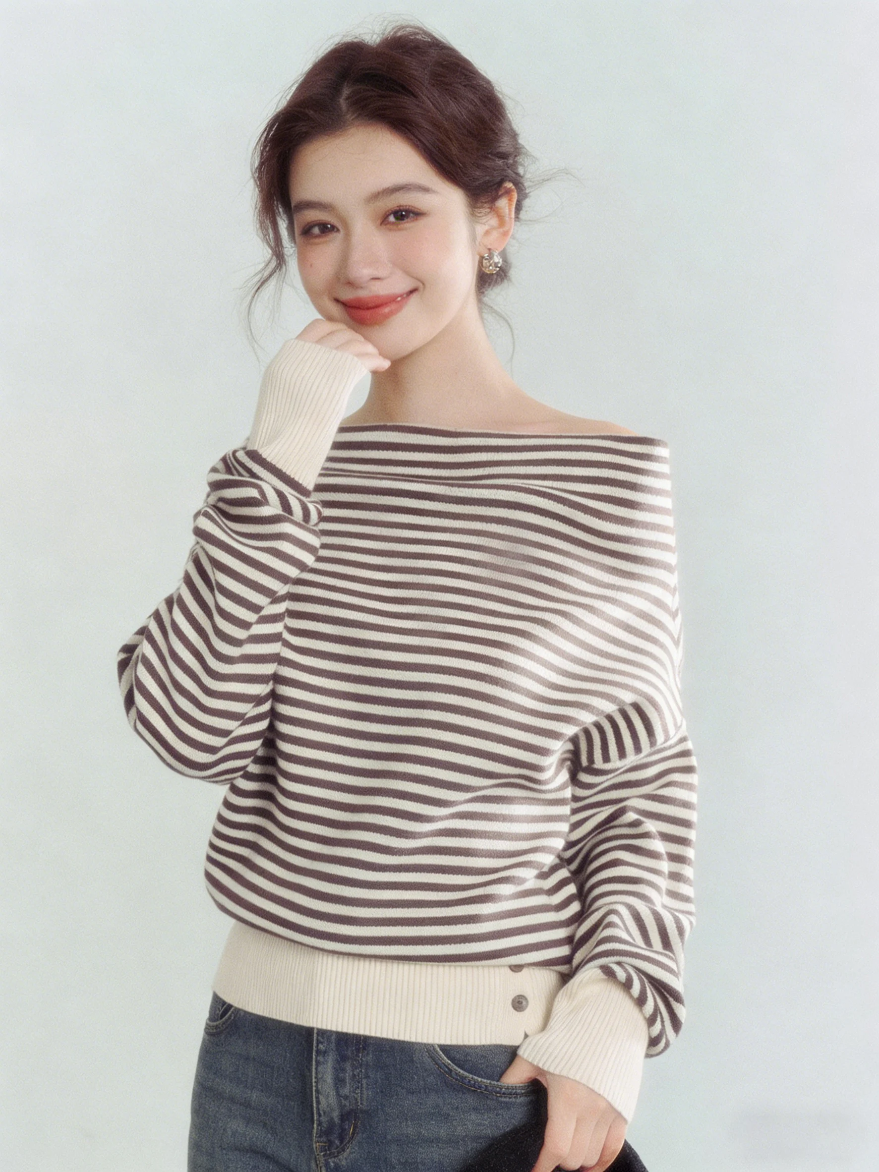 Unique Beautiful Shoulder Bared Striped Knitwear Women's Early Spring Korean Style Loose Fit Soft Polyester Fiber Long Sleeve