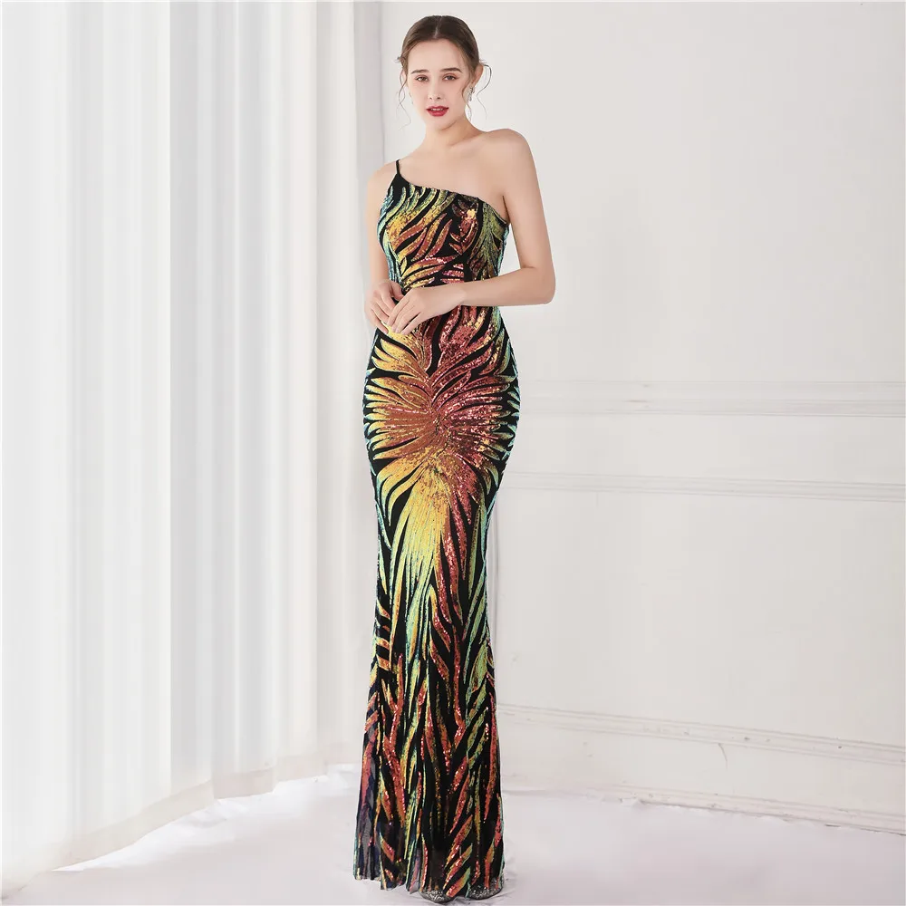 Customized Women's  One Shoulder Sleeveless Sequins Mermaid Evening Dress Formal Gown