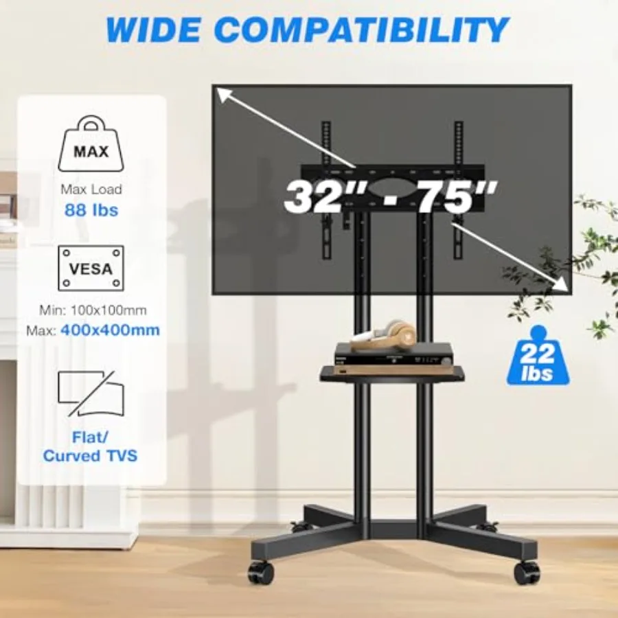Mobile TV Cart Rolling TV Stand with Power Outlet for 3275 Inch Screens Portable TV Stand on Wheels with Height Adjustment Outd