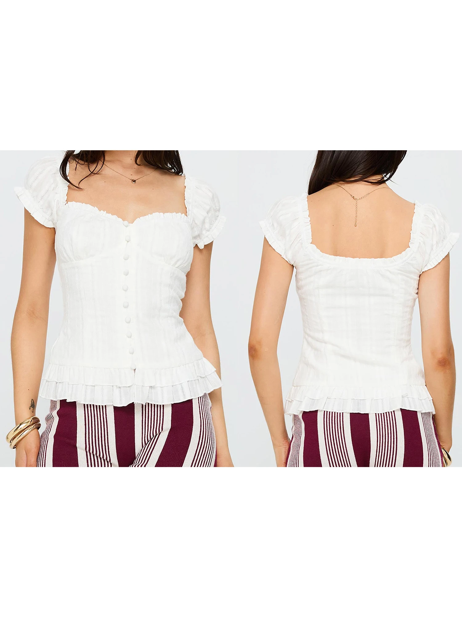 Elegante zomerblouses voor dames met button-down voorkant en ruches aan de voorkant met hartvormige halslijn en bubbelmouwen