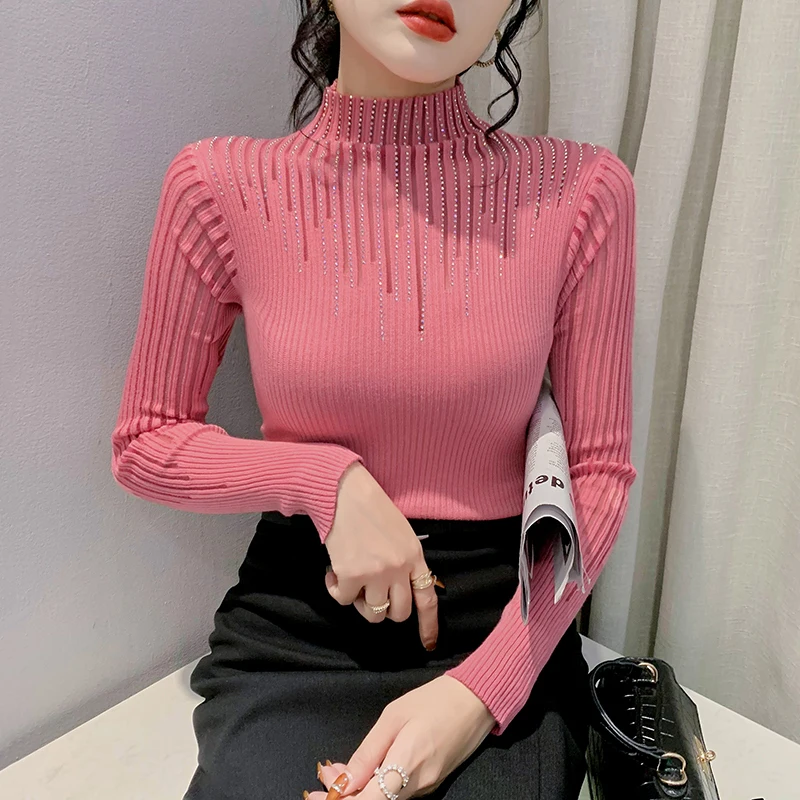 #4324 Knitted Sweater Women Solid Color Sexy Split Joint Mesh Diamonds Half High Collar Skinny Knitwear Pullover Ladies Elastic