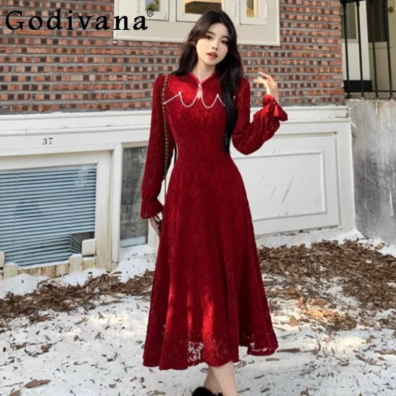 

Осень-зима, большие размеры, французские кружевные платья с длинными рукавами, женское модное универсальное китайское платье трапециевидной формы с высокой талией и воротником-стойкой