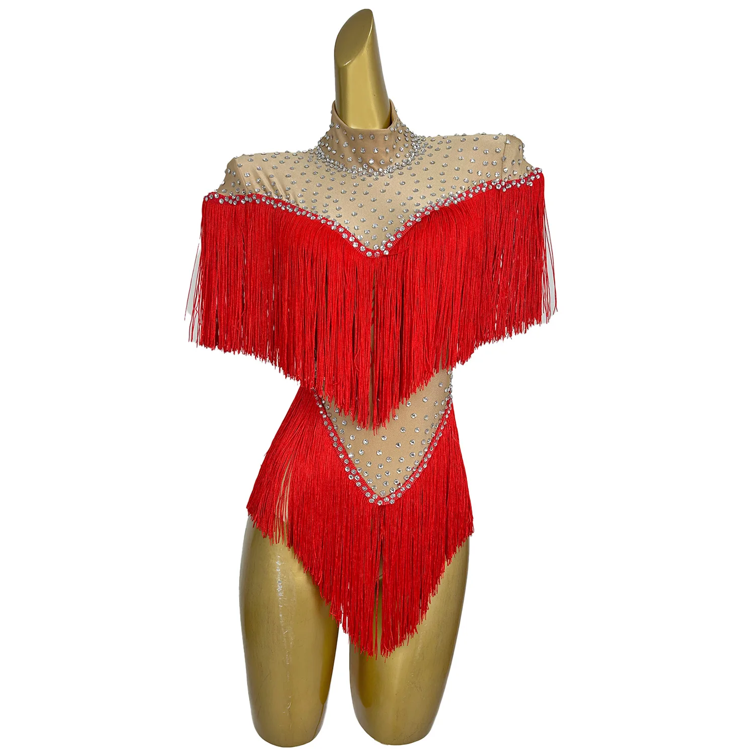 Women  Bodysuit Tight Fitting Fringe Rhinestone Party Club Off Shoulder Latin Dance Stage Drag Queen Performer Costume Caizhuang