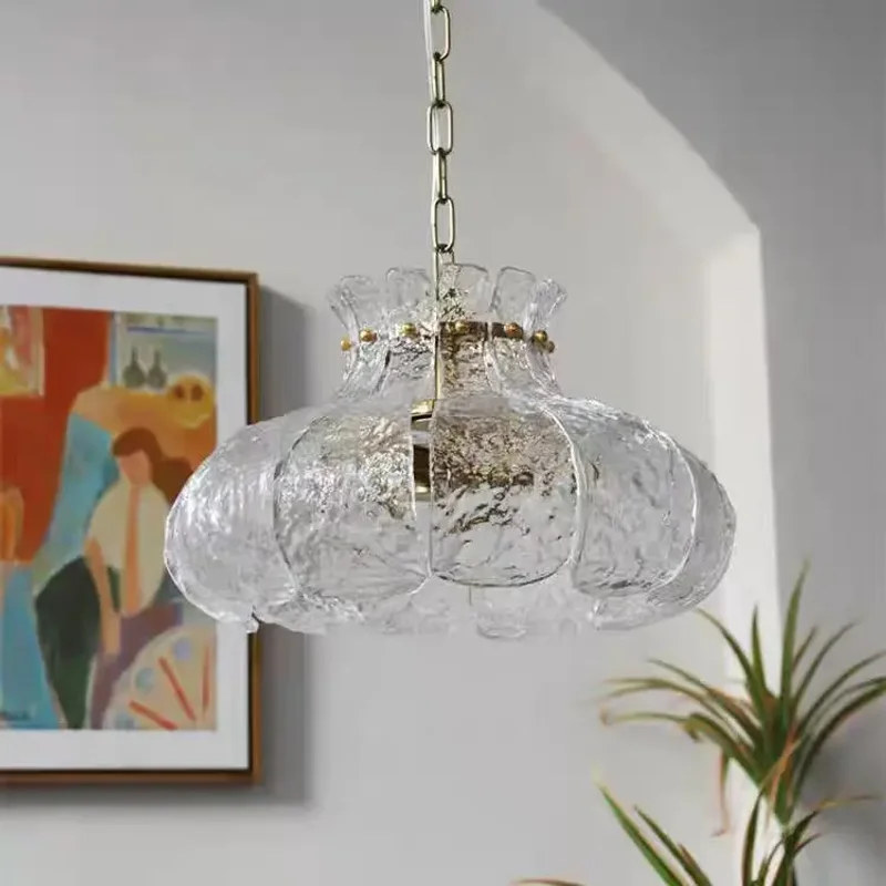 Petal Shaped Textured Glass Pendant Light Crackle Ice Glass Chandelier French Vintage Gold Rim Lamp Cream Style Floral Hanging