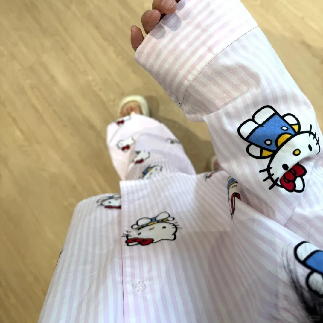 Sanrio Hello Kitty Sweet Pajamas Women's Korean Spring Autumn Long Sleeve Tops Pants Home Clothes Schoolgirls Pink Sleepwear