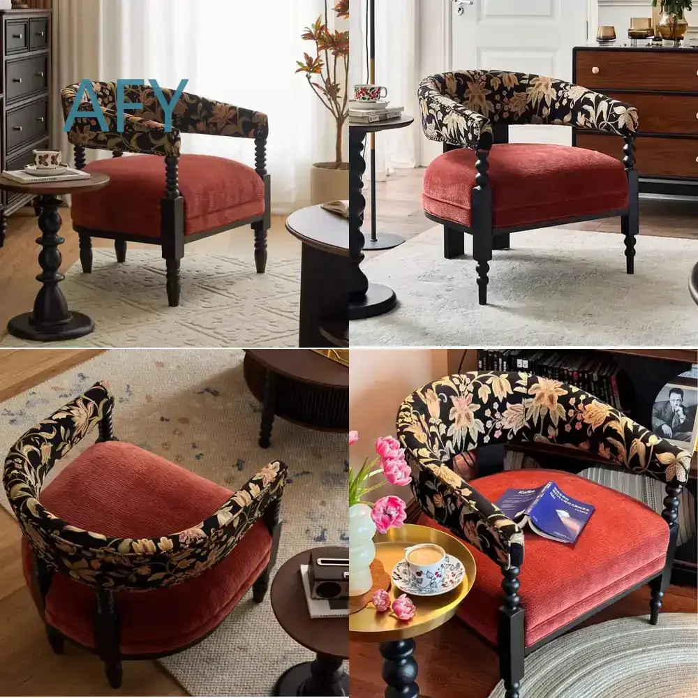French Vintage Solid Wood Leisure Jacquard Fabric Armchair for Small Apartment Living Room Balcony Lazy Single Seater Chair