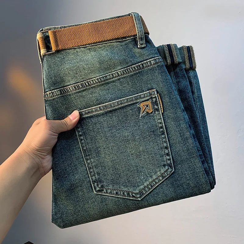 Celana panjang jeans Bordir modis untuk pria, celana panjang denim bordir modis slim fit gaya Korea musim gugur 2024, celana panjang jeans longgar elastis untuk pria