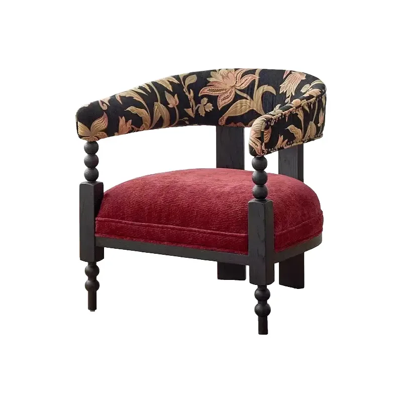 

French retro solid wood leisure chair small apartment jacquard fabric sofa chair living room balcony designer lazy single chair