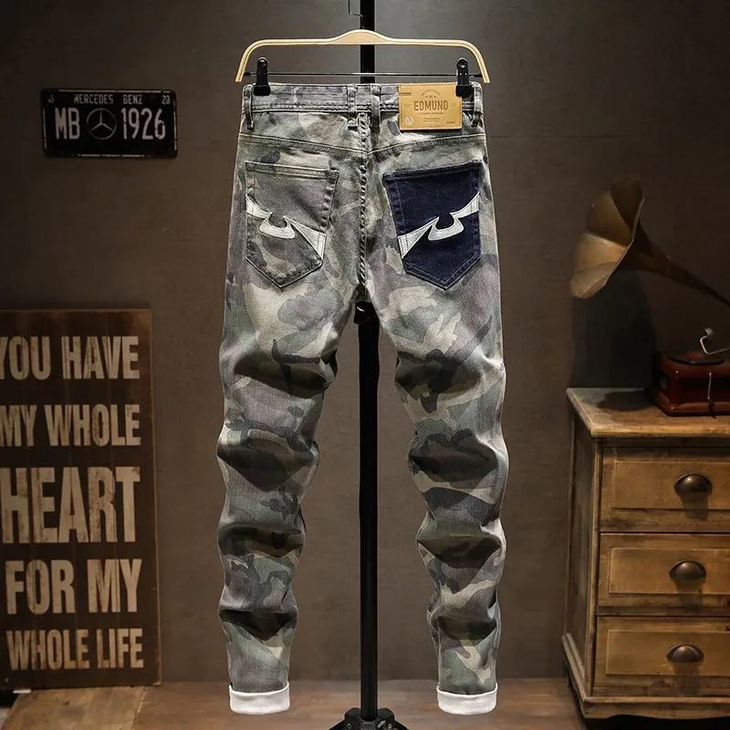 Fashion Streetwear Men Jeans Camouflage Slim Fit Elastic Stretch Vintage Jeans Men Trousers Pocket Designer Denim Pants