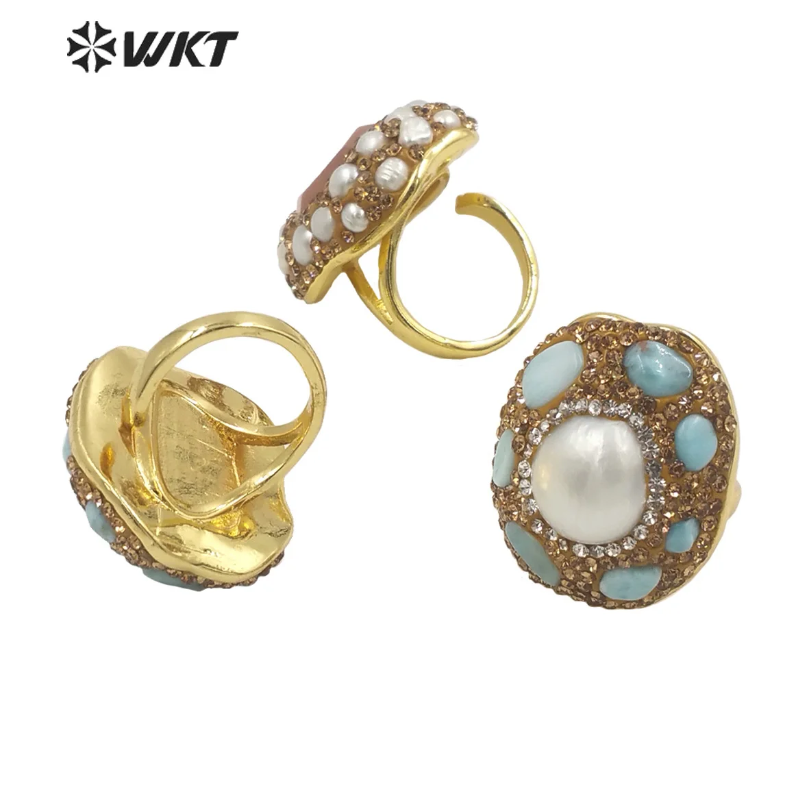 WT-R445 بالجملة موضة 18K مطلية بالذهب رائع حجر الراين ديكور الفيروز اللؤلؤ خاتم الحفلات ارتداء اليومي النساء ACC #1