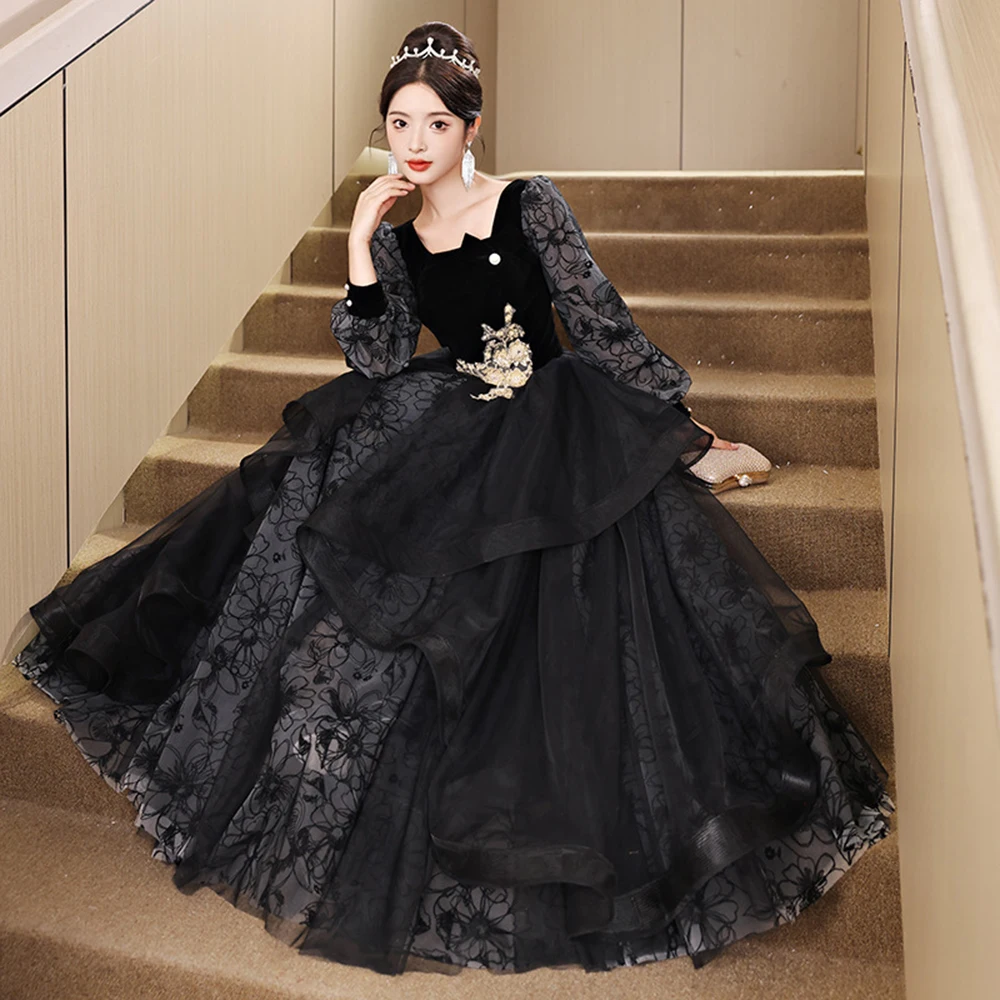 Black Elegant Evening Dress Women Winter Square Collar Long Print Sleeved Velvet Patchwork Prom Gown Mesh A-line Tiered Vestido