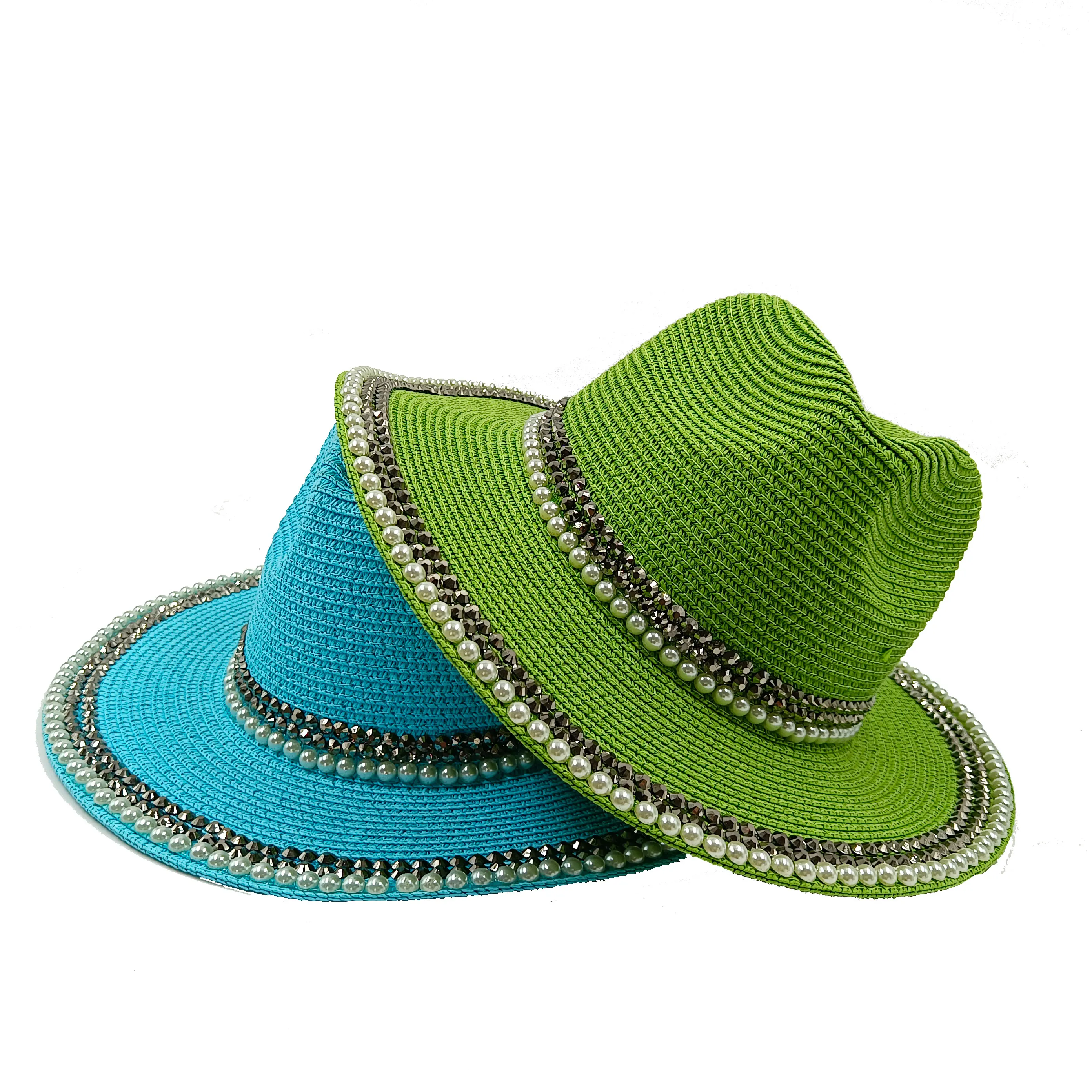 

Panama big brim hat sunscreen hat pearl hot drill top hat solid color woven hat paper hat straw hat jazz hat