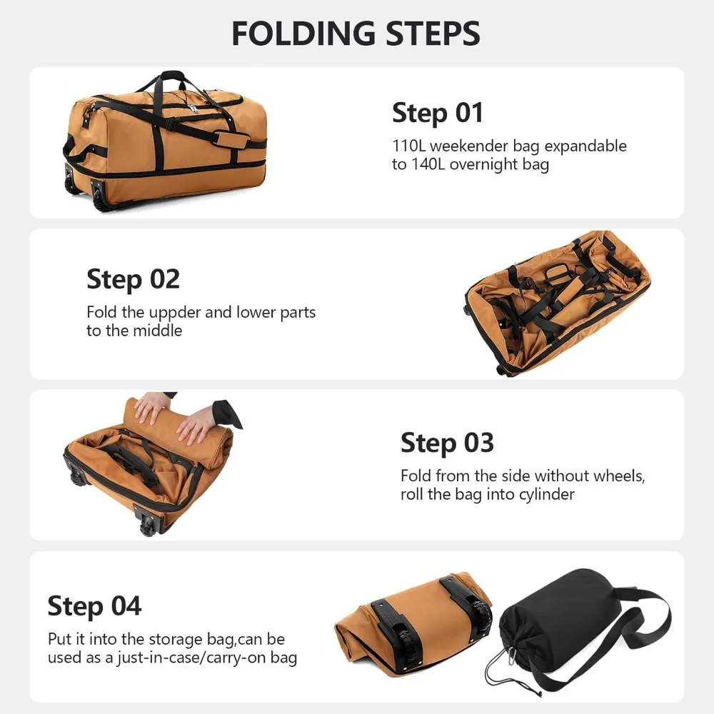 حقيبة دفل قابلة للتوسيع بسعة 140 لتر، وعجلتين، وحقيبة سفر قابلة للطي مع مقصورات متعددة #4